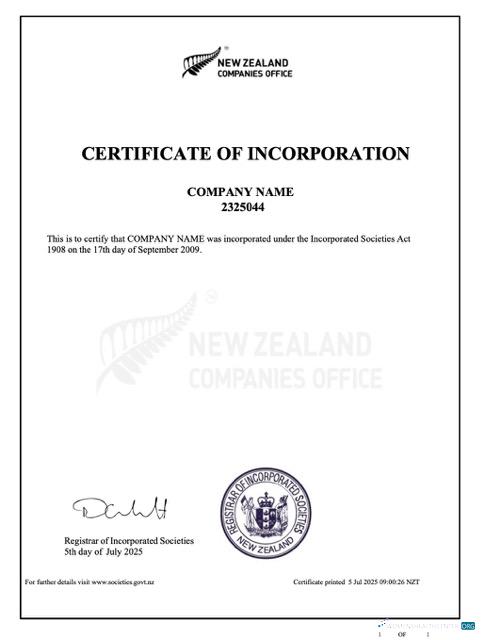 Download New Zealand certificate of incorporation Word and PDF template Photoshop template